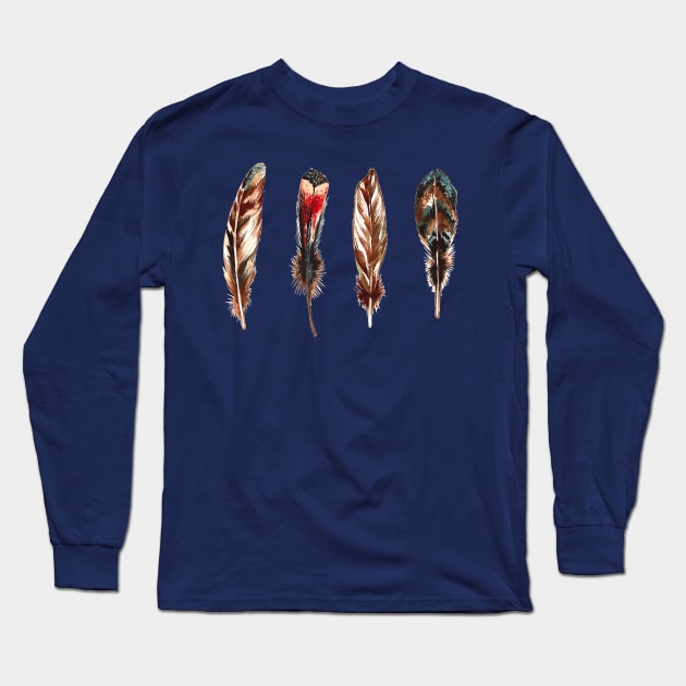 Colorful Feather Watercolor Long Sleeve T-Shirt by Mako Design 